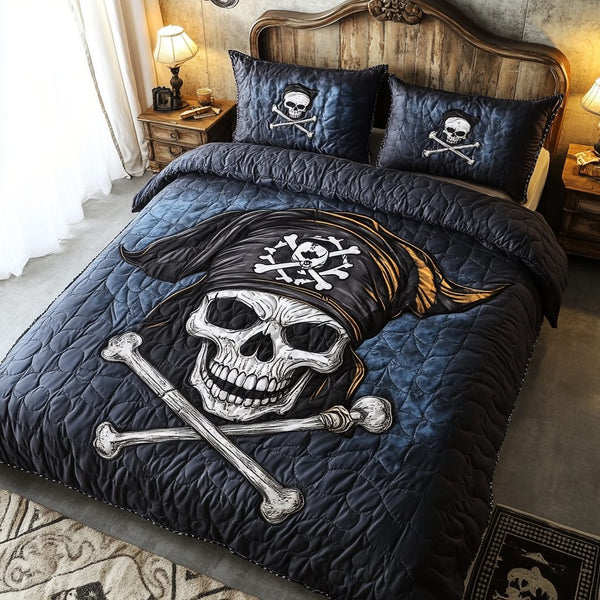 Skull Pirate quilted 3-piece bedding set on a made bed against a dark styled interior