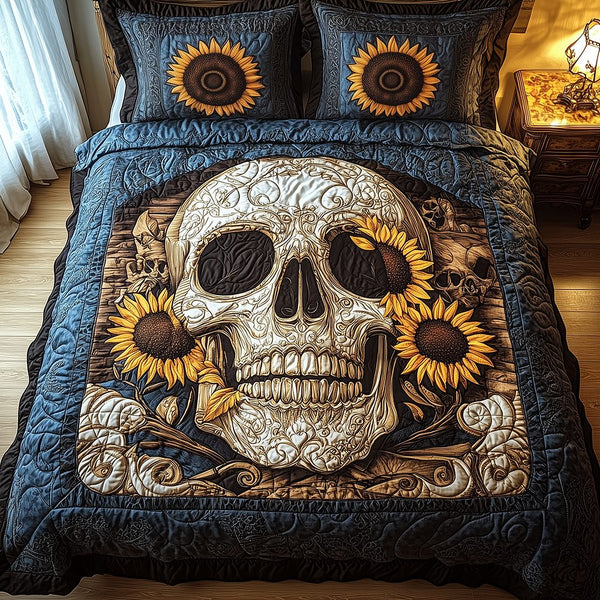 Skull quilted 3-piece bedding set on a made bed against a dark styled interior