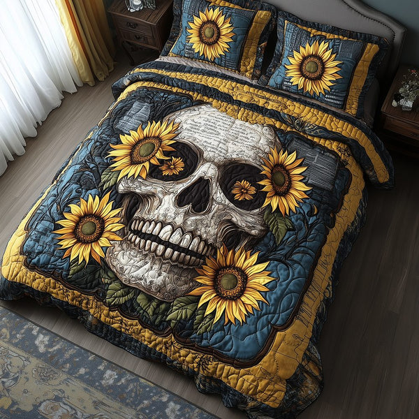 Skull quilted 3-piece bedding set on a made bed against a dark styled interior