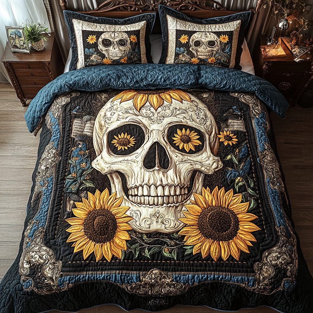 Skull quilted 3-piece bedding set on a made bed against a dark styled interior