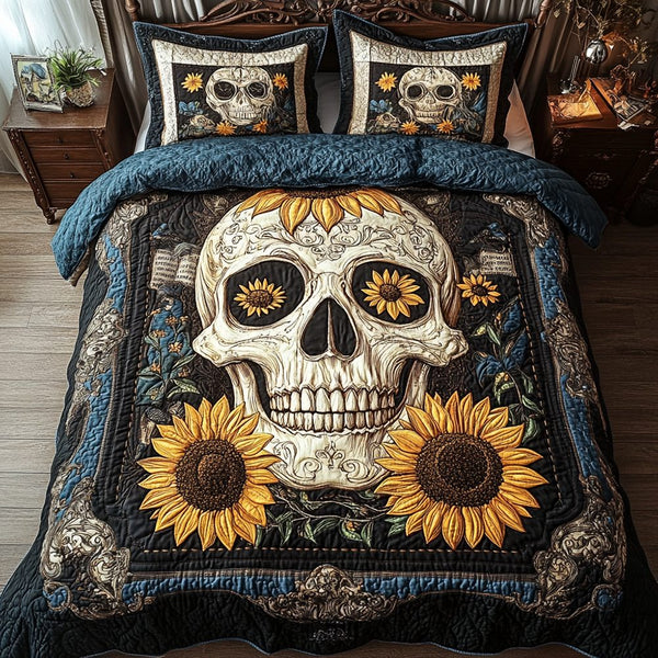Skull quilted 3-piece bedding set on a made bed against a dark styled interior