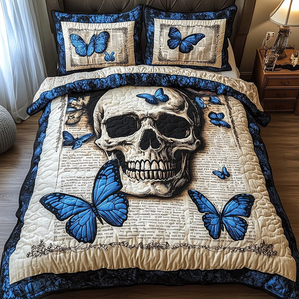 Skull quilted 3-piece bedding set on a made bed against a dark styled interior