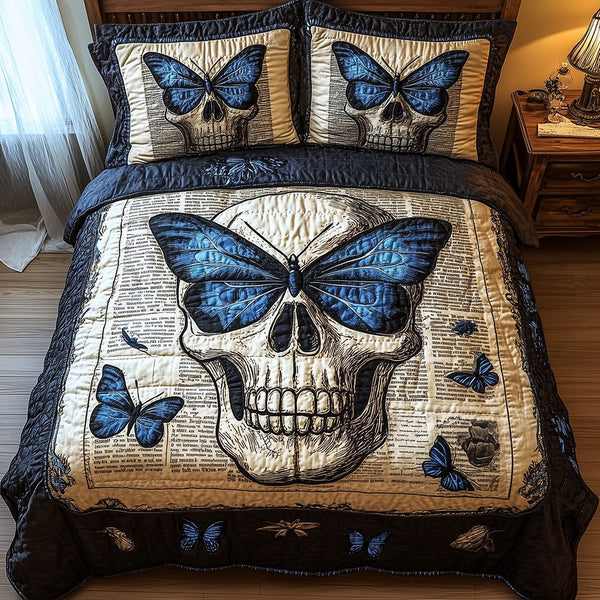 Skull quilted 3-piece bedding set on a made bed against a dark styled interior