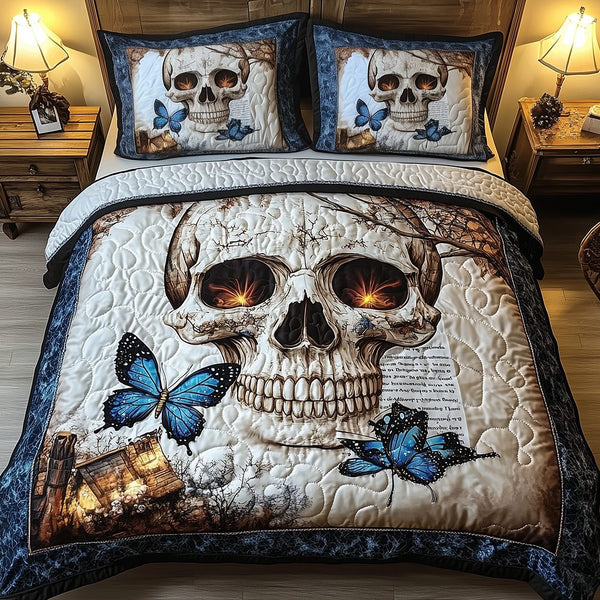 Skull quilted 3-piece bedding set on a made bed against a dark styled interior