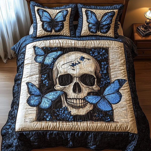 Skull quilted 3-piece bedding set on a made bed against a dark styled interior