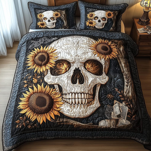 Skull quilted 3-piece bedding set on a made bed against a dark styled interior