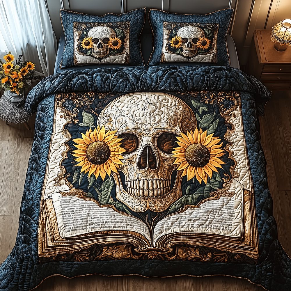 Skull quilted 3-piece bedding set on a made bed against a dark styled interior