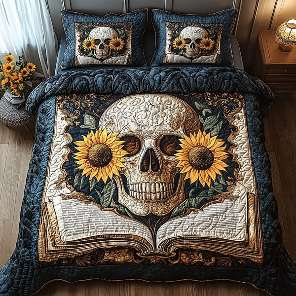 Skull quilted 3-piece bedding set on a made bed against a dark styled interior