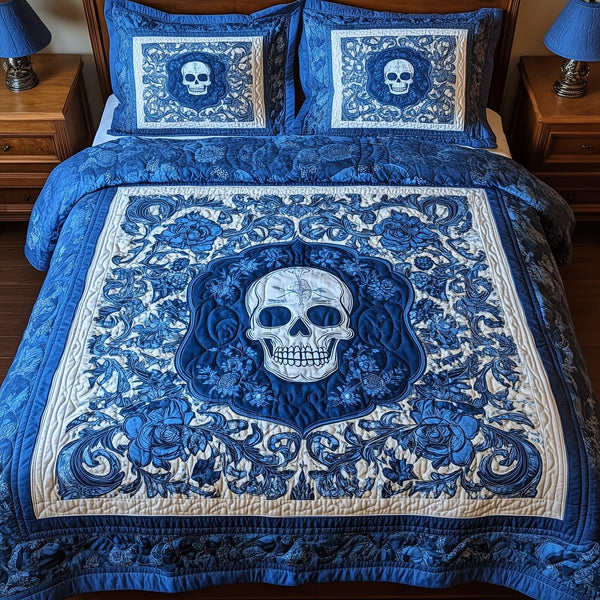 Skull quilted 3-piece bedding set on a made bed against a dark styled interior