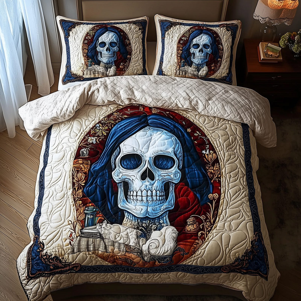 Skull quilted 3-piece bedding set on a made bed against a dark styled interior