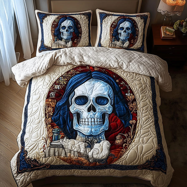 Skull quilted 3-piece bedding set on a made bed against a dark styled interior