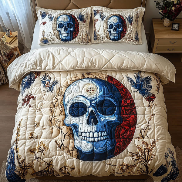 Skull quilted 3-piece bedding set on a made bed against a dark styled interior