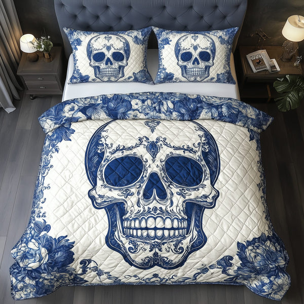 Skull quilted 3-piece bedding set on a made bed against a dark styled interior