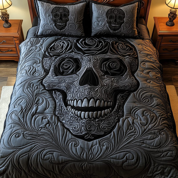 Skull quilted 3-piece bedding set on a made bed against a dark styled interior