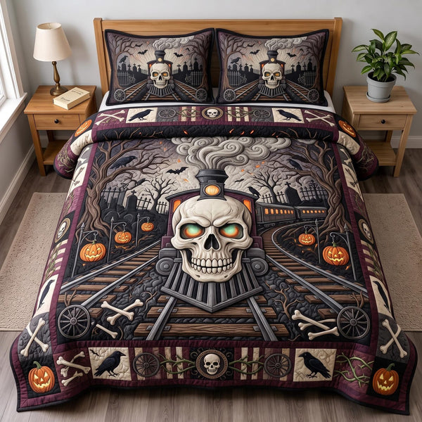 Skull Railway quilted 3-piece bedding set on a made bed against a dark styled interior