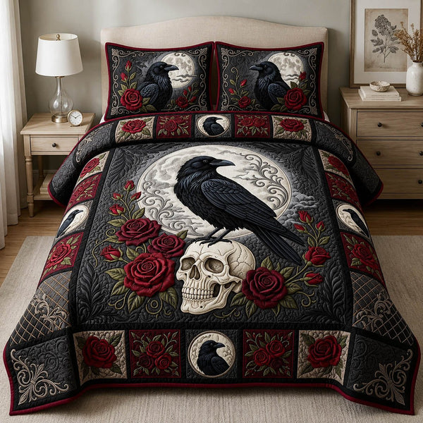 Skull Raven Moon quilted 3-piece bedding set on a made bed against a dark styled interior