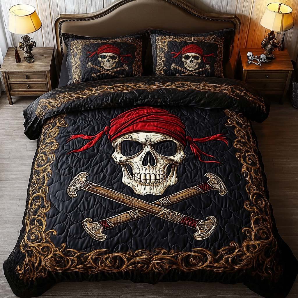 Skull Reign quilted 3-piece bedding set on a made bed against a dark styled interior
