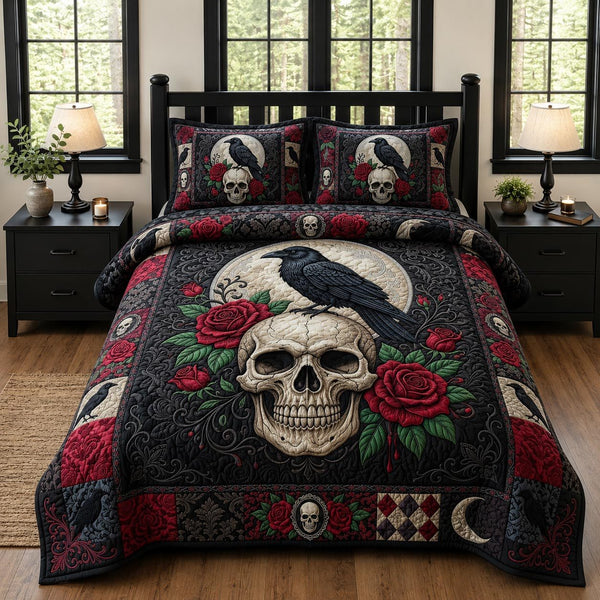 Skull Rider quilted 3-piece bedding set on a made bed against a dark styled interior