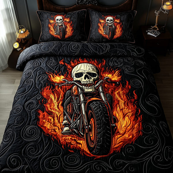 Skull Rider quilted 3-piece bedding set on a made bed against a dark styled interior