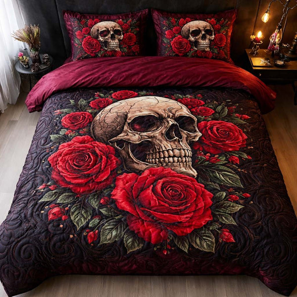 Skull Rose quilted 3-piece bedding set on a made bed against a dark styled interior