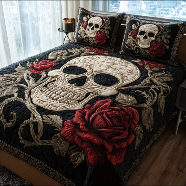 Skull Serenity quilted 3-piece bedding set on a made bed against a dark styled interior