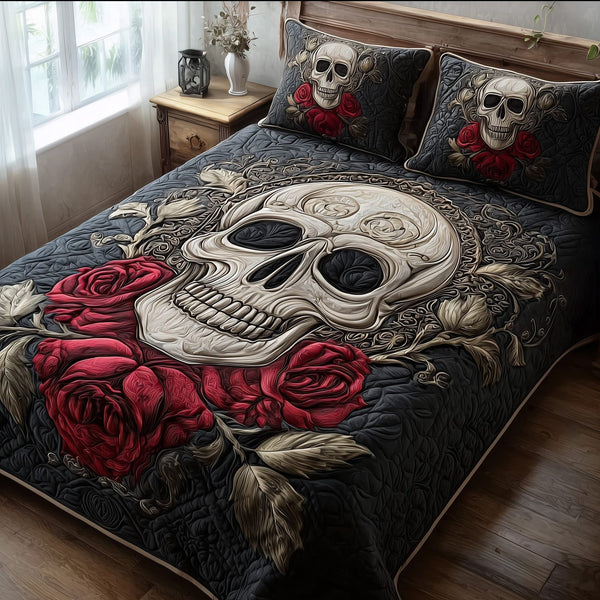 Skull Serenity quilted 3-piece bedding set on a made bed against a dark styled interior