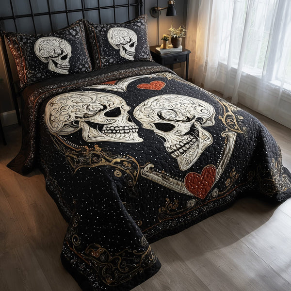 Skull Serenity quilted 3-piece bedding set on a made bed against a dark styled interior