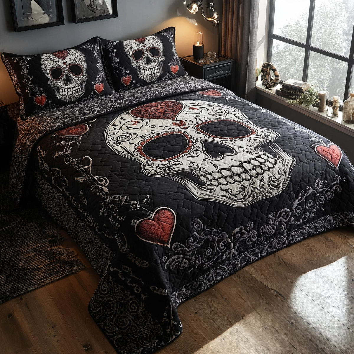 Skull Serenity quilted 3-piece bedding set on a made bed against a dark styled interior