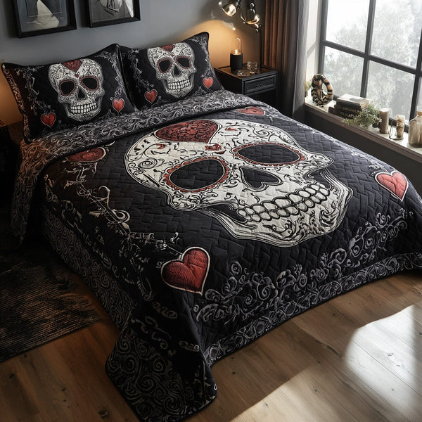 Skull Serenity quilted 3-piece bedding set on a made bed against a dark styled interior