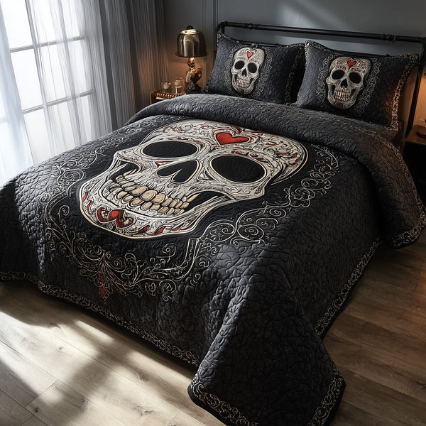 Skull Serenity quilted 3-piece bedding set on a made bed against a dark styled interior