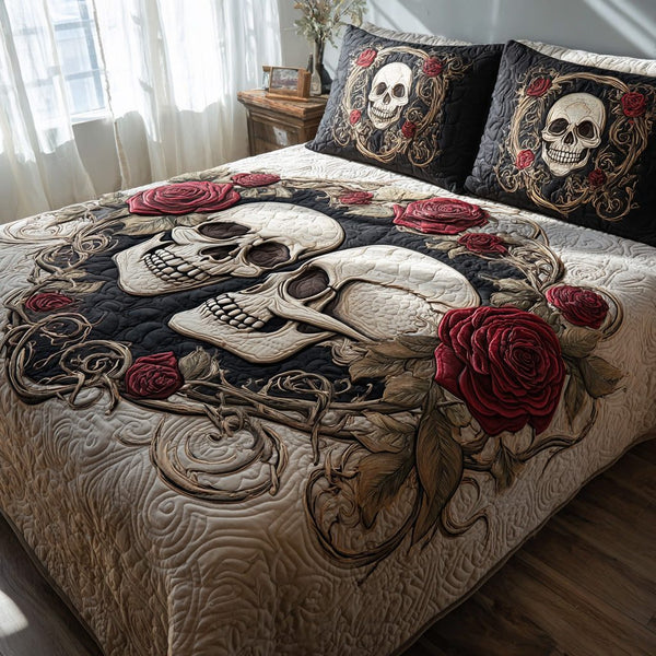 Skull Serenity quilted 3-piece bedding set on a made bed against a dark styled interior