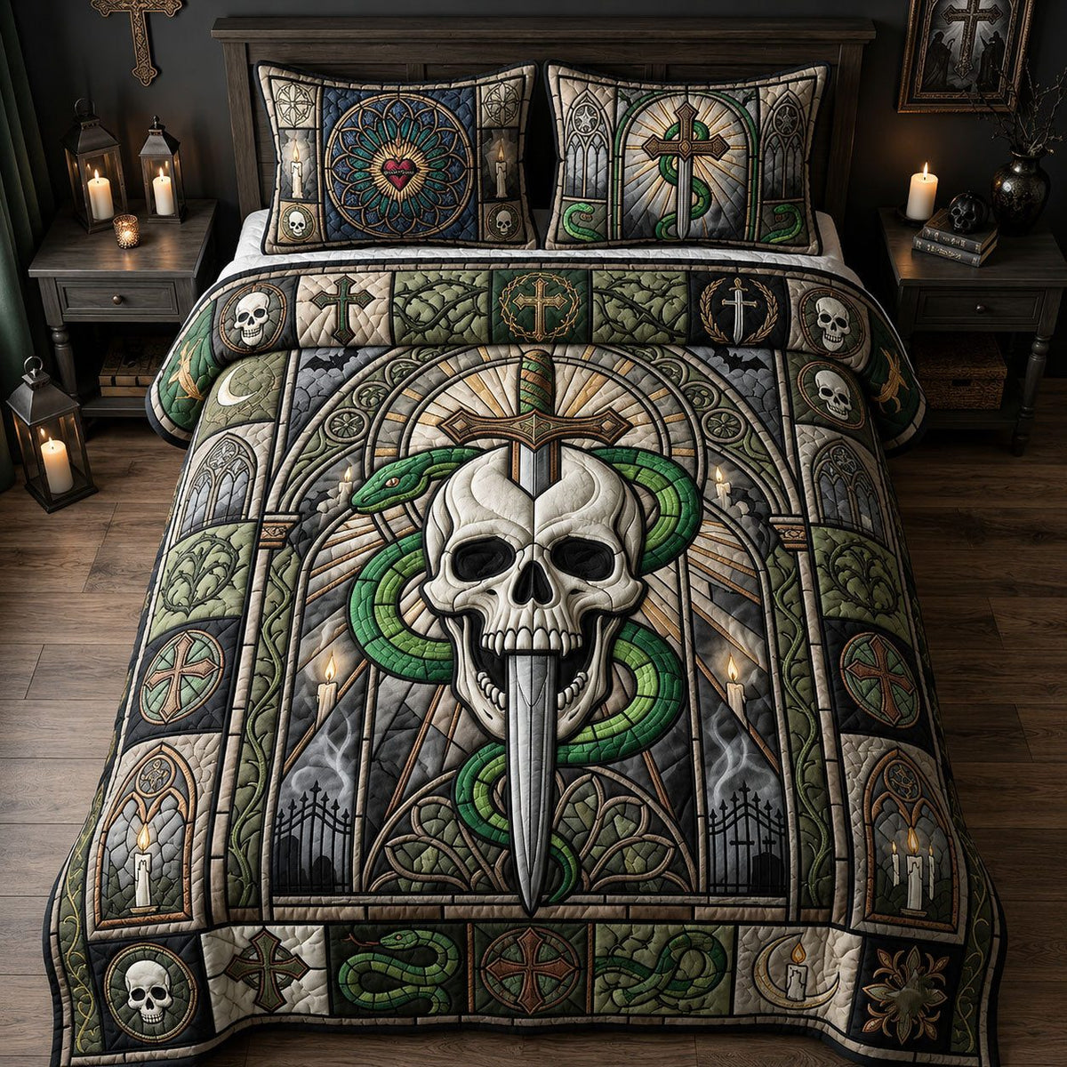 Skull Snake Stained Glass quilted 3-piece bedding set on a made bed against a dark styled interior