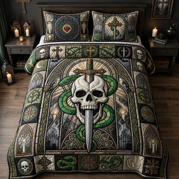 Skull Snake Stained Glass quilted 3-piece bedding set on a made bed against a dark styled interior