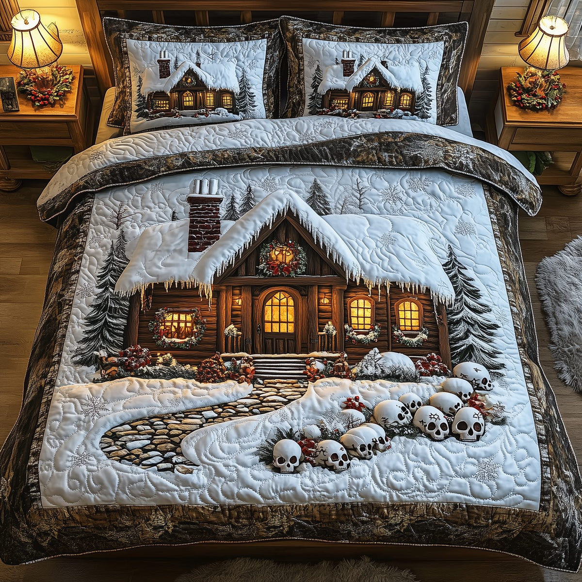 Skull Snow Cabin quilted 3-piece bedding set on a made bed against a dark styled interior