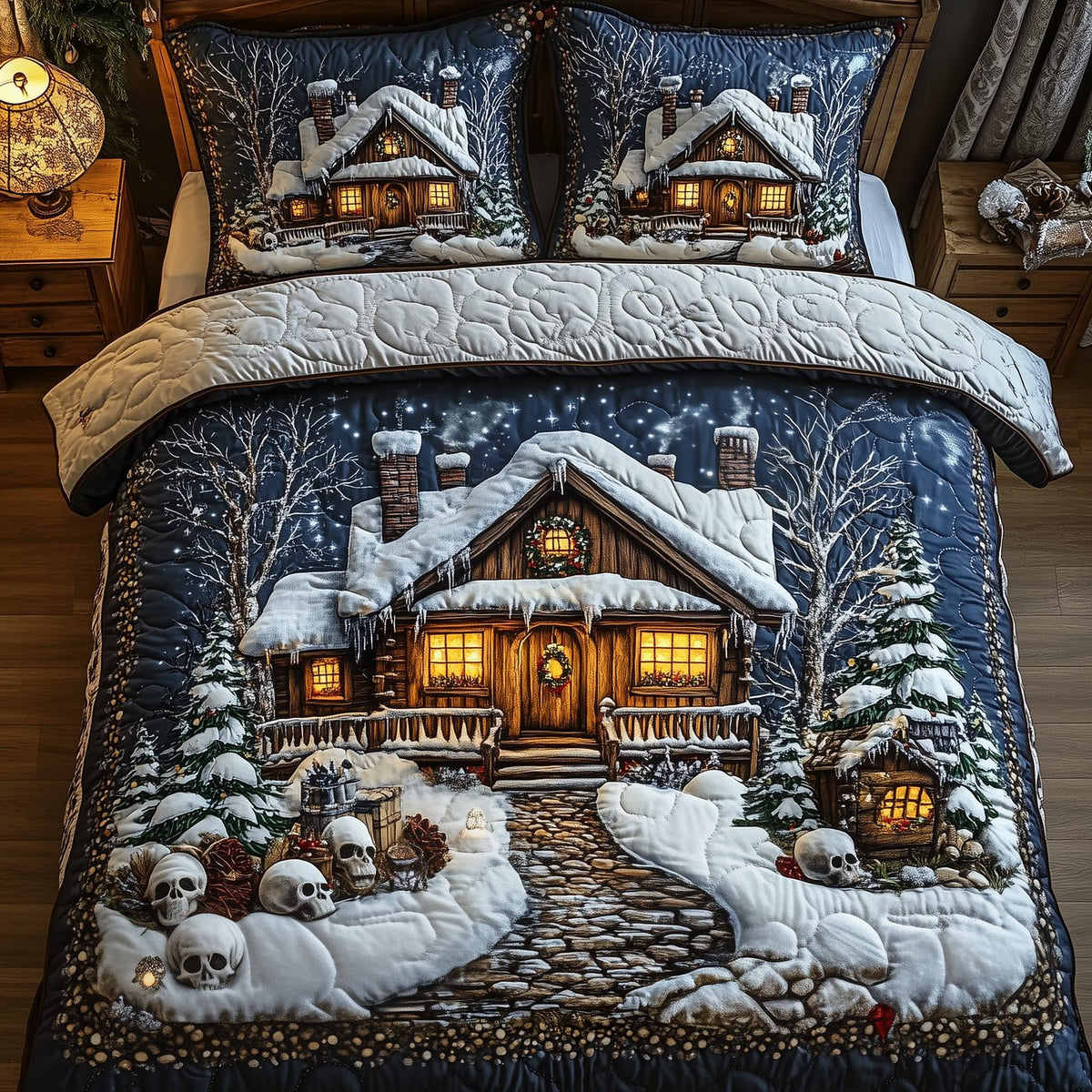 Skull Snow Cabin quilted 3-piece bedding set on a made bed against a dark styled interior