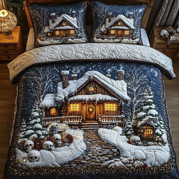 Skull Snow Cabin quilted 3-piece bedding set on a made bed against a dark styled interior