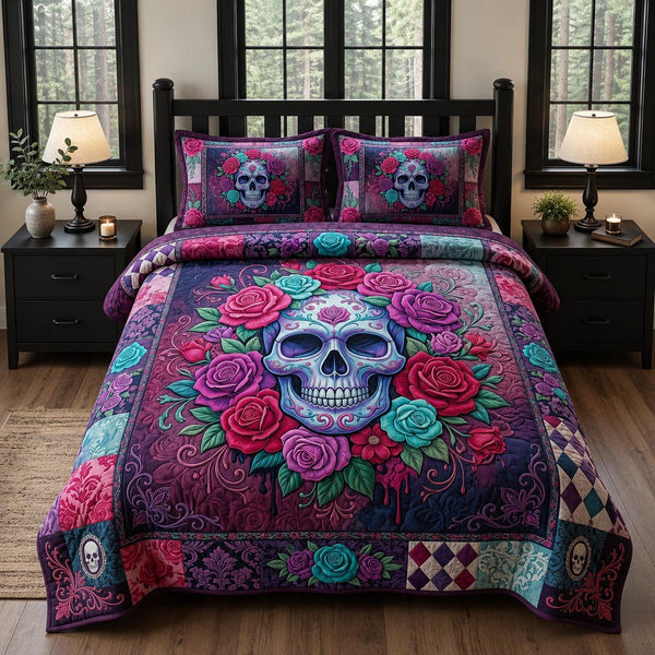 Skull Spirit quilted 3-piece bedding set on a made bed against a dark styled interior