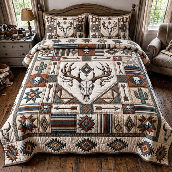 Skull Trails quilted 3-piece bedding set on a made bed against a dark styled interior