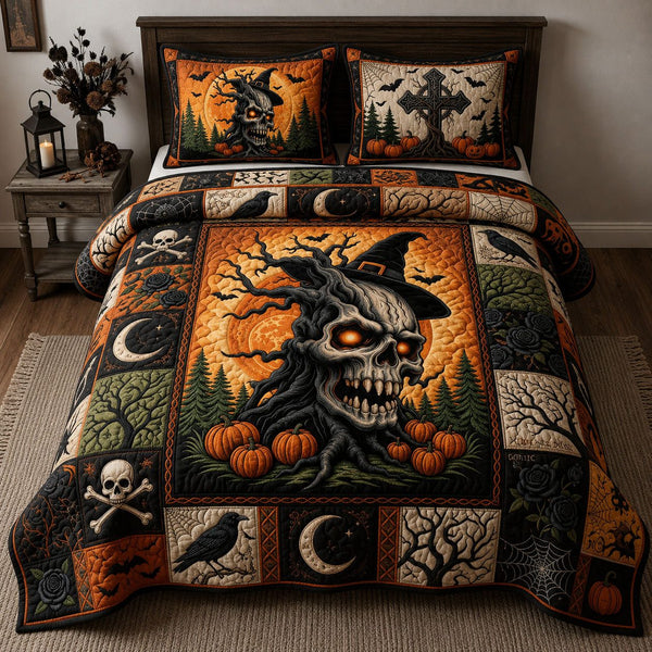Skull Tree Cross quilted 3-piece bedding set on a made bed against a dark styled interior