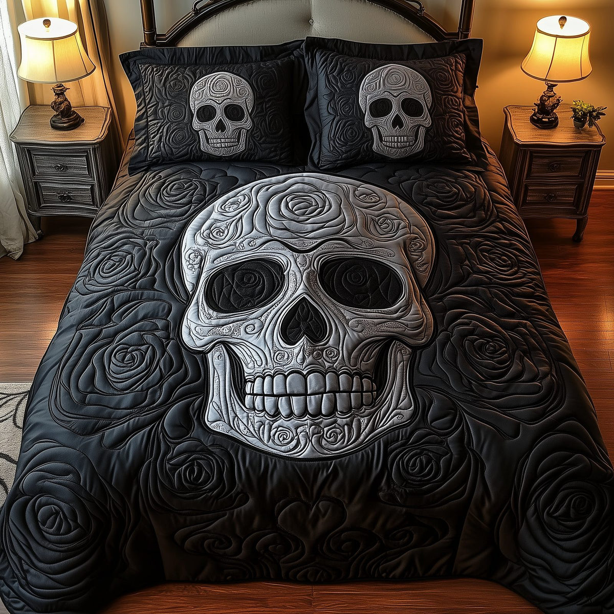 Skulll quilted 3-piece bedding set on a made bed against a dark styled interior