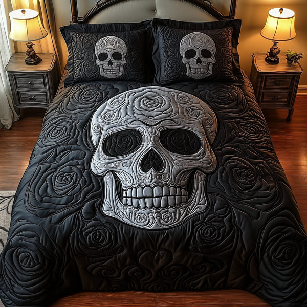 Skulll quilted 3-piece bedding set on a made bed against a dark styled interior