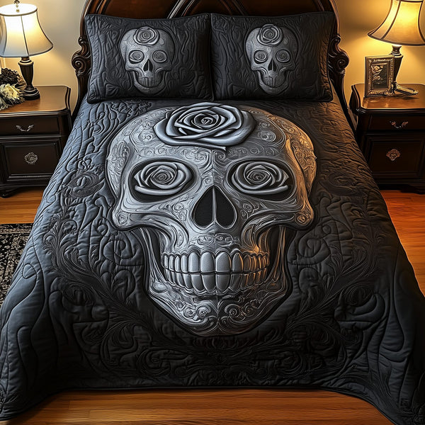 Skulll quilted 3-piece bedding set on a made bed against a dark styled interior
