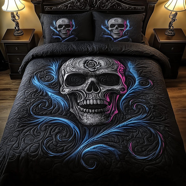 Skulll quilted 3-piece bedding set on a made bed against a dark styled interior