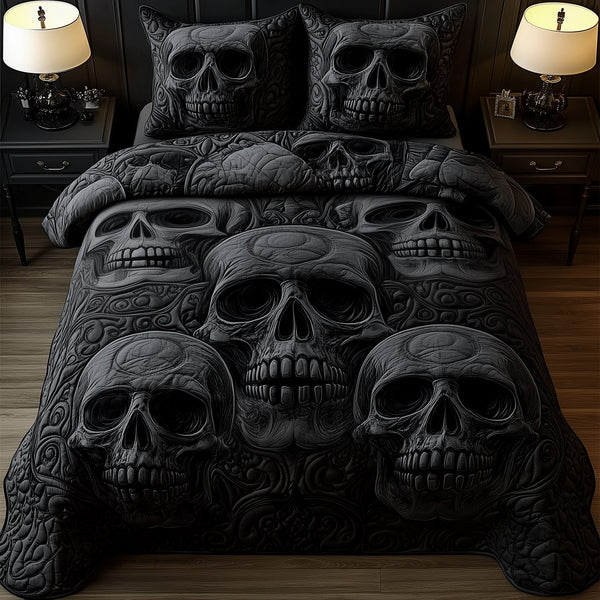 Skulll quilted 3-piece bedding set on a made bed against a dark styled interior