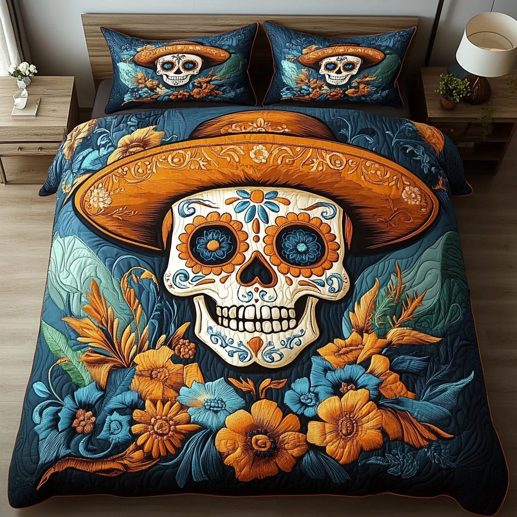 Skully Bloom quilted 3-piece bedding set on a made bed against a dark styled interior