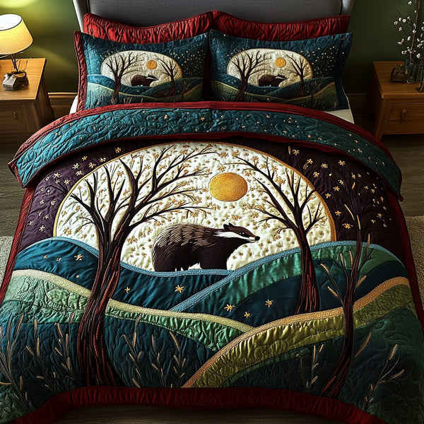 Skunk Serenity quilted 3-piece bedding set on a made bed with two matching pillow shams