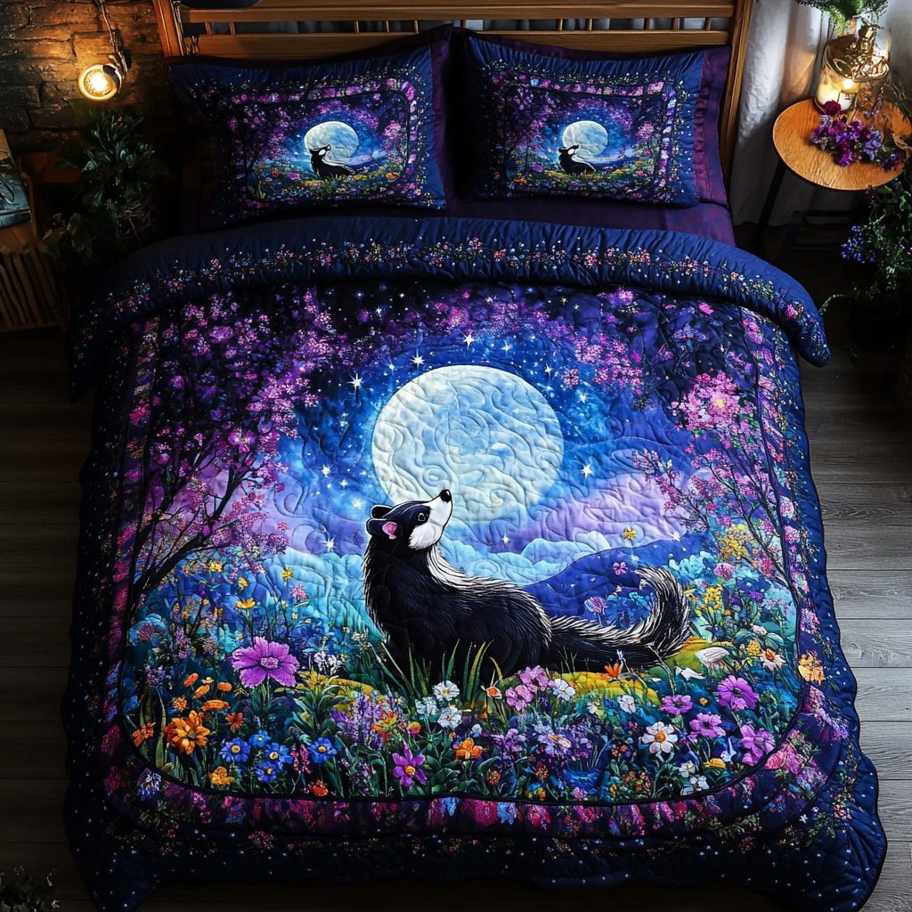 Skunk Silhouette quilted 3-piece bedding set on a made bed with two matching pillow shams