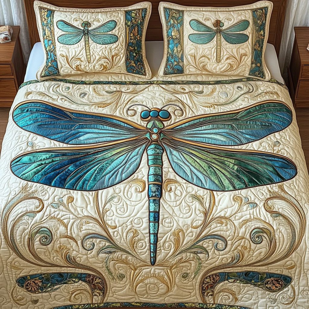 Sky Blue Harmony quilted 3-piece bedding set on a made bed with two matching pillow shams