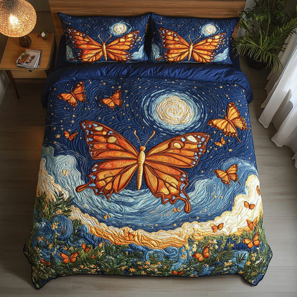 Sky Dance quilted 3-piece bedding set on a made bed with two matching pillow shams