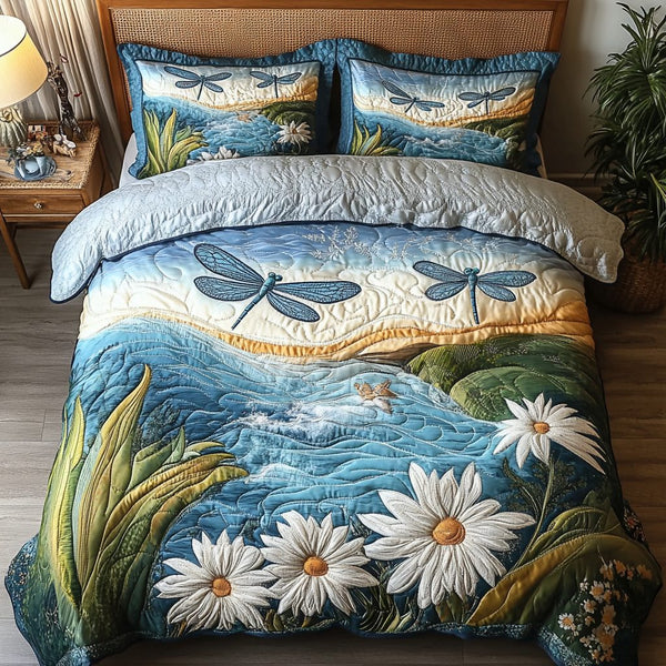 Sky Dance quilted 3-piece bedding set on a made bed with two matching pillow shams